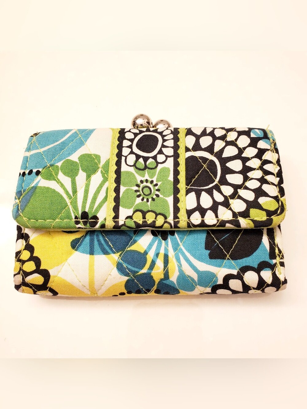 VERA BRADLEY Quilted Floral Kiss-Lock ladies Wallet, Yellow, Green & Blue